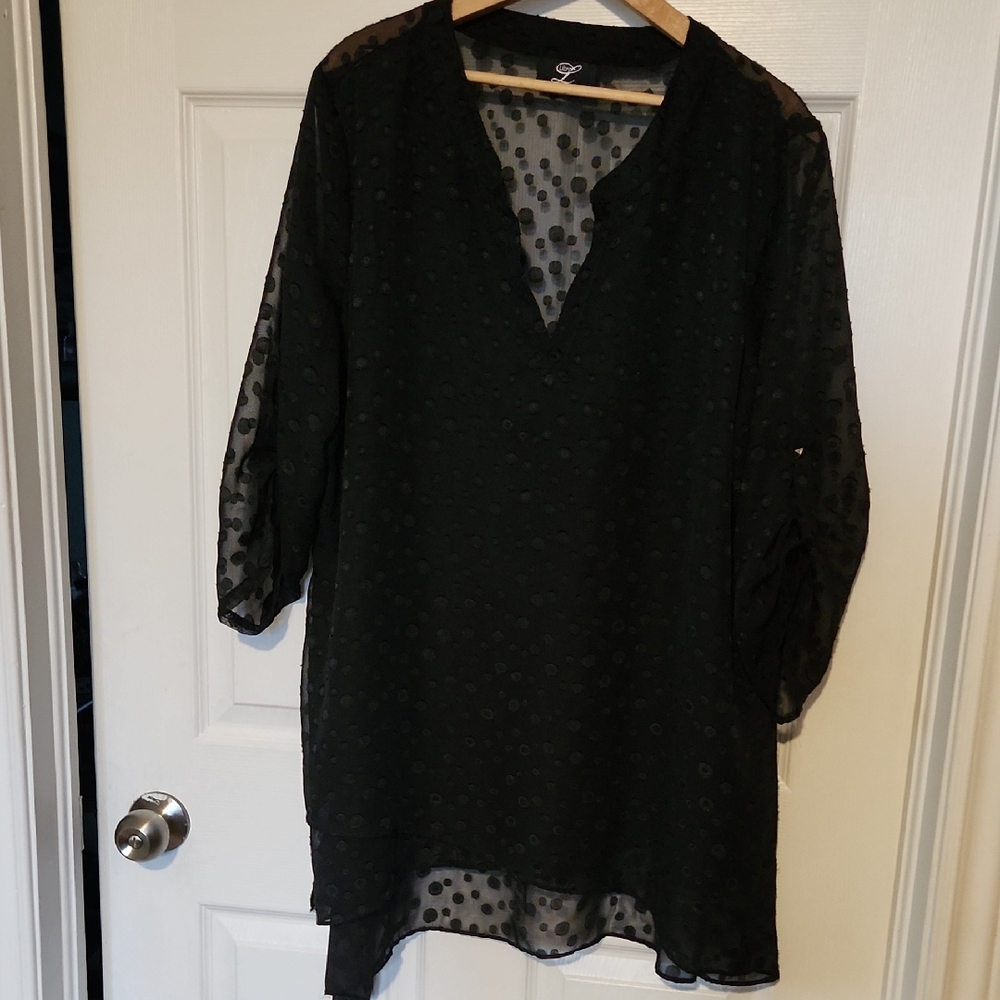 Libra Black Sheer Polka Dot Blouse Or Cover Up Sz